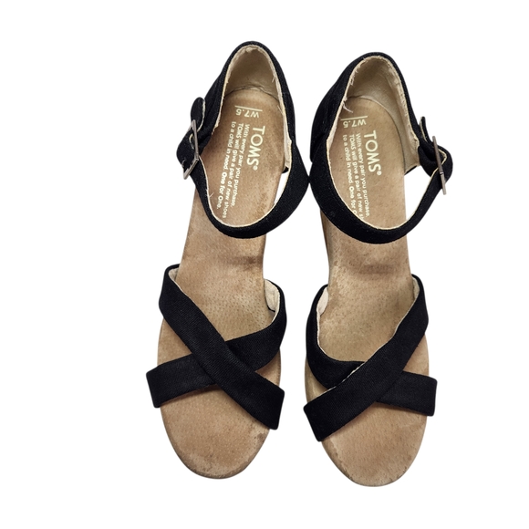 TOMS Women's Clarissa Black Canvas Cork Wedge Sandals Size 7.5 Ankle Strap Heels - Picture 4 of 14